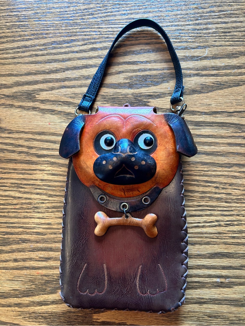 Pug Dog Brown & Tan Leather Wallet Wristlet with Bone Charm - Picture 1 of 11